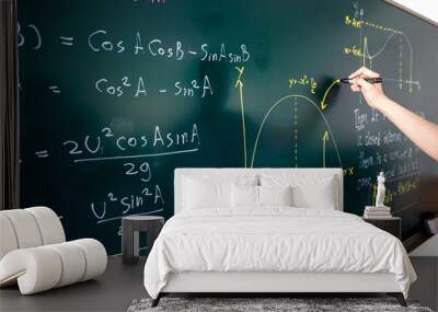 Closeup of hand writing complicated math equation on black board. Wall mural