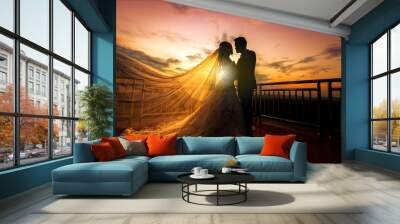 silhouette of wedding Couple in love kissing and holding hand together during sunset with evening sky background Wall mural