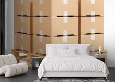 Pallet with cardboard boxes isolated on white background Wall mural