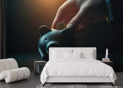 Saving Strategies: Hand Adding Coin to Piggy Bank for Business Finances Wall mural