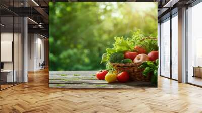 A basket of fresh vegetables and fruits on an outdoor table with greenery in the background. Wall mural