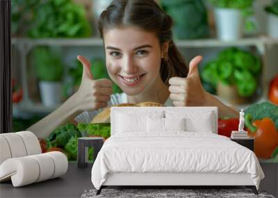 A young woman with fresh vegetables and fruits on a table showing a thumbs up. Wall mural