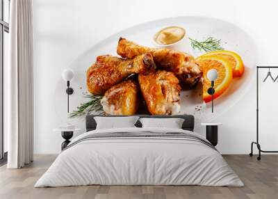 Barbecue chicken drumsticks with vegetables on white background
 Wall mural