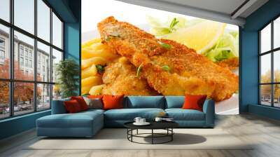 Fish dish - fried fish fillet, French fries with vegetables Wall mural