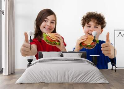 Kids eating healthy sandwiches showing Ok sign Wall mural