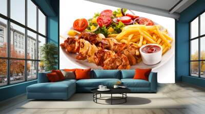 Shashlik - grilled meat, chips and vegetables  Wall mural