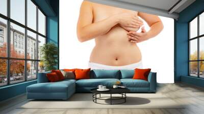 Woman examining her breast isolated on white background
 Wall mural