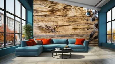 Wood grain texture - empty pine boards with two forks on
 Wall mural