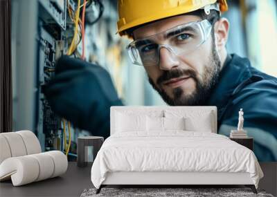 Electrician in uniform and safety glasses working on an electrical panel at a construction site. Wall mural