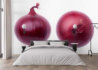 A close-up image of two vibrant red onions, showcasing their rich color and texture, isolated on a white background. Transparent PNG Wall mural