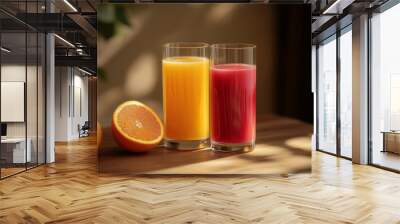 Two glasses with red and orange fruit juice. Wall mural