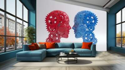 two heads made of gears, one red and the other blue on a white background. Wall mural