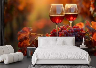 Wine glasses with red wine and grapes on old barrel in vineyard. Wall mural