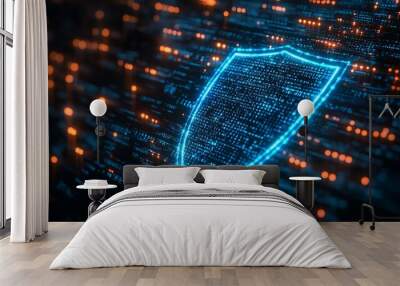 A 3D-rendered shield with a glowing blue outline, set against a digital backdrop of binary code and network lines. The image represents the concept of cyber security and the safeguarding of Wall mural