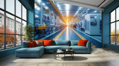 A bright, clean factory interior with modern machinery and production lines, showing sharp details and a well-lit environment Wall mural