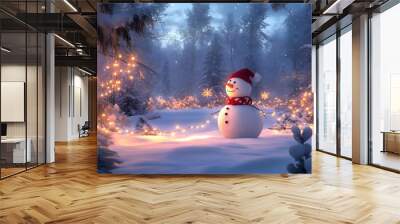 A cheerful snowman standing in the middle of a snowy field, with twinkling Christmas lights wrapped around nearby trees, creating a warm and festive atmosphere against the snowy backdrop Wall mural