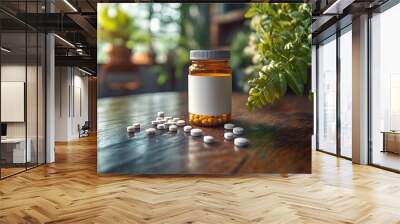 A close-up of a prescription pill bottle with a blank label, scattered pills around it, and a green plant in the background, symbolizing health and wellness Wall mural