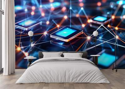 A digital illustration of a mobile device with a glowing network of connected lines extending from it, representing cellular connections and data exchange within a mobile telecommunication network Wall mural