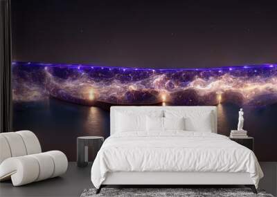 a fishingpier by the surging ocean of Milkyway water under night sky bungalow 3D rendering octane render fantasy map otherworldly interlace extremely detailed Lissajous 4k unreal engine 5 cinematic  Wall mural