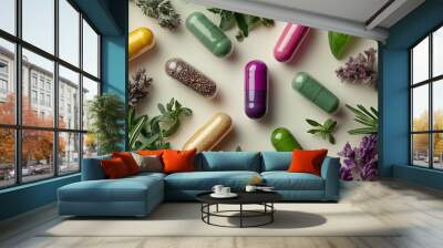 A flat lay composition of colorful herbal capsules surrounded by fresh herbs like basil, rosemary, and thyme, with a light-colored background emphasizing the natural ingredients. Wall mural