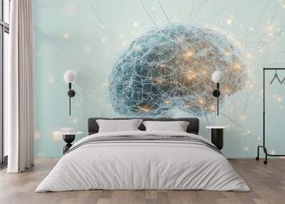 A futuristic digital brain with a web of sharp, illuminated neural connections, set against a light background for a clean, modern aesthetic Wall mural