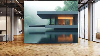 A geometric, rectangular building with sharp edges, floating effortlessly over a reflective water surface, set against a background of dense, green foliage, symbolizing the integration of architecture Wall mural