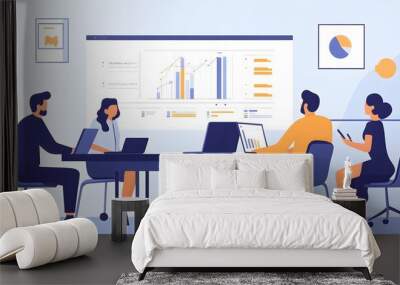 A team of product managers collaborates around a conference table, analyzing a Gantt chart displayed on a projector screen, with charts and graphs visible Wall mural