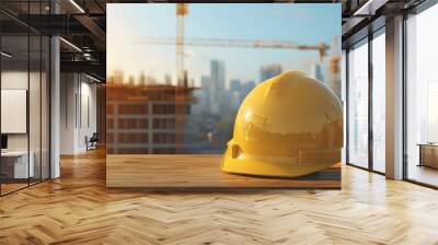 A yellow construction helmet placed on a wooden table, with a blurred construction site in the background, featuring cranes and partially constructed buildings, emphasizing safety and industry  Wall mural