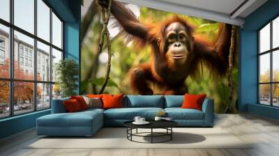 A Young Orangutan Looks at the Camera as it Hangs from Vines in The Borneo Jungle Wall mural