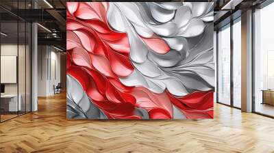 Abstract Flowing Pattern with Red, White, and Gray Shapes Wall mural