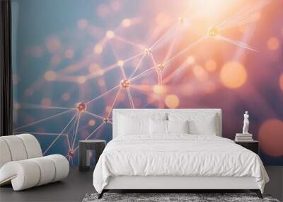 Abstract global network with interconnected dots and flowing lines in a complex plexus arrangement, highlighted on a subtle light background Wall mural