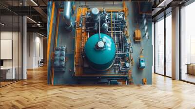 An aerial view of a hydrogen fuel cell installed in an industrial power plant, with pipes and energy monitoring equipment surrounding it.  Wall mural