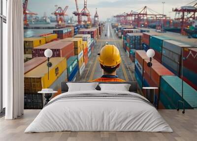 An engineer inspects work at a port with many containers. Wall mural