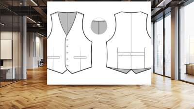 button waistcoat vest flat technical drawing illustration mock-up template for design and tech packs men or unisex fashion CAD streetwear women workwear utility Wall mural