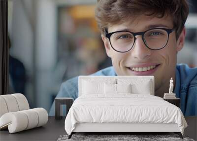 Close-up portrait of a young smiling man in glasses and a blue shirt sitting and working in the office and looking confidently at the camera Wall mural