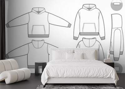 hoodie sweatshirt flat technical drawing illustration mock-up template for design and tech packs men or unisex fashion CAD streetwear slim fit Wall mural