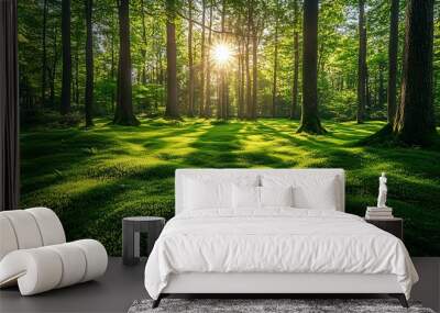 Lush green forest with sunlight filtering through the trees, creating a serene atmosphere, symbolizing the beauty of nature and the importance of recycling Wall mural