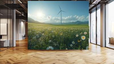 serene solar farm and towering wind turbine stand in lush green fields against a pristine blue sky, for clean energy, sustainable future, eco-friendly and renewable energy concept. Wall mural