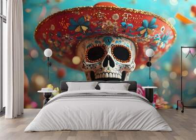 Skull in Sombrero Hat
A skull wearing a bright sombrero hat, decorated with patterns and flowers, surrounded by festive confetti and lighthearted elements. Wall mural