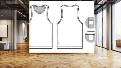 sleeveless tank top shirt flat technical drawing illustration short sleeve with binding collar blank streetwear mock-up template for design and tech packs women Wall mural