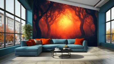 Spooky Forest at Dusk A dark, misty forest with twisted trees silhouetted against a glowing orange sunset. The center features an open space for text with eerie shadows surrounding it. Wall mural