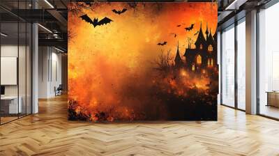 Spooky Halloween party invitation background with a haunted house silhouette, bats, and swirling mist, providing a central space for event information Wall mural