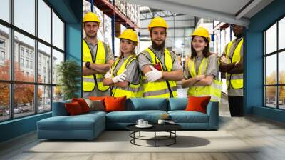 Group of diversity factory warehouse men and women workers working together in contribution warehouse Wall mural