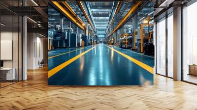 Wide-angle view of an industrial factory with proper lighting, highlighting clean equipment and a functional work environment in an index-style photo Wall mural