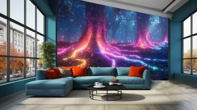 Enchanted Neon Forest - Surreal Landscape of Glowing Trees with Rainbow Roots, Fantasy Nature Concept. Wall mural