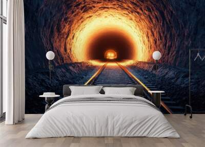 image depicts dramatic view of underground tunnel with glowing light at end, creating sense of depth and mystery. railway tracks lead into illuminated area, enhancing atmosphere of exploration and Wall mural