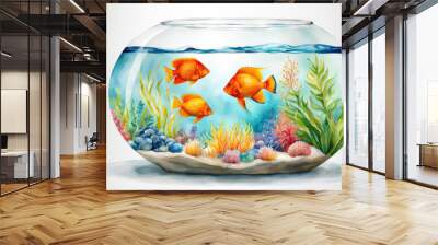 Light watercolor glass fishbowl containing tropical fish white background. Wall mural