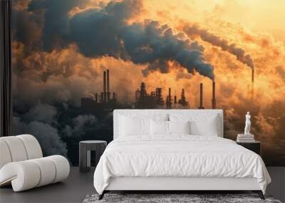 Urban Industrialization Impacts: Smoke-Filled Skies Over a Busy Cityscape. Wall mural