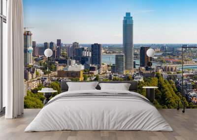 Aerial panorama of Rotterdam city and the Erasmus bridge, Netherlands Wall mural