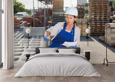 Asian female manager keeps records of brick in the open area of a construction store Wall mural